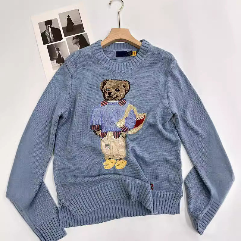 Autumn And Winter New Bear Embroidery Cotton Blended Sweater Women's All-match Fashion Tops