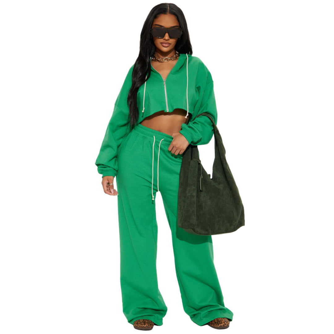 Stylish Casual Two-piece Set Featuring A Hooded Cardigan And Wide-leg Pants