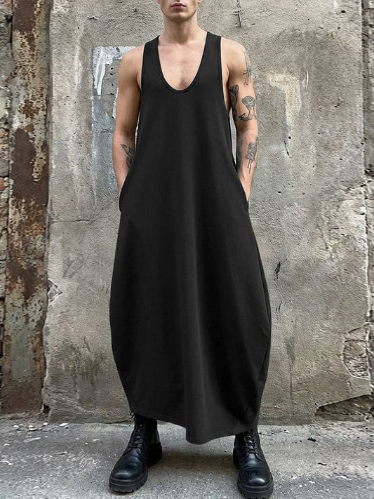 Mens Black U-Neck Sleeveless High Waist Flared Maxi Dress