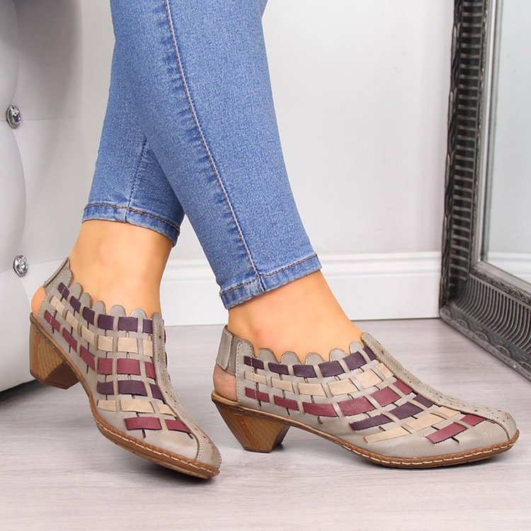 Cross-knit low-heel chunky heel colorblock sandals