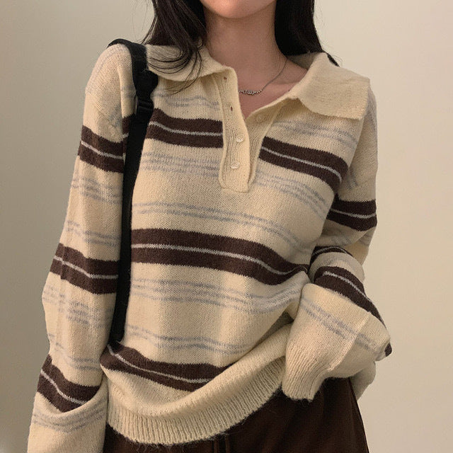 Contrast Color Loose Long Sleeve Striped Sweater Sweater