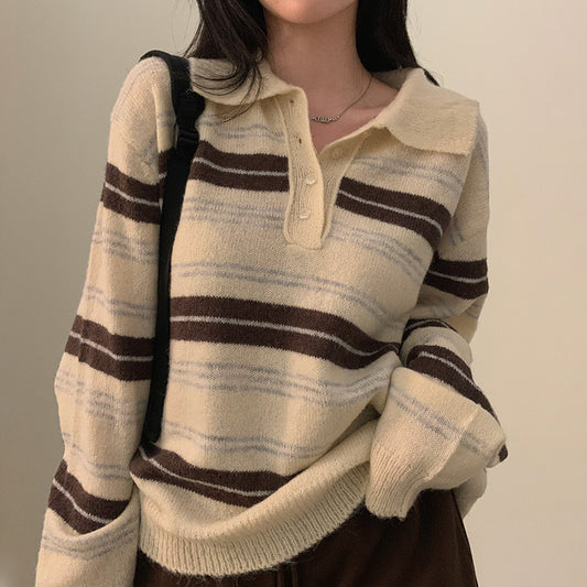 Contrast Color Loose Long Sleeve Striped Sweater Sweater