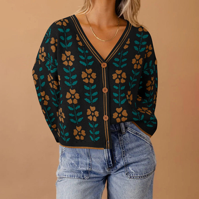 European And American Ladies Single-breasted Long Sleeve Flower Sweater