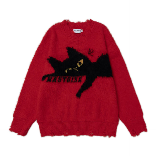 Retro Soft Glutinous Round Neck Set Idle Style Cat Loose Sweater Sweater