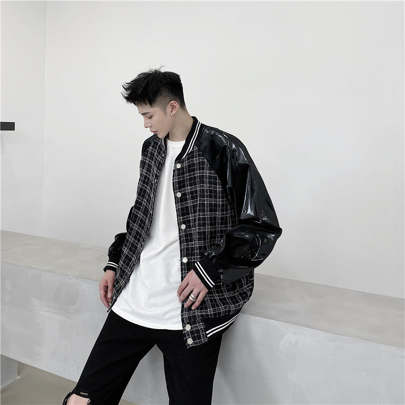 Loose Plus Size Leather Plaid Baseball Jacket