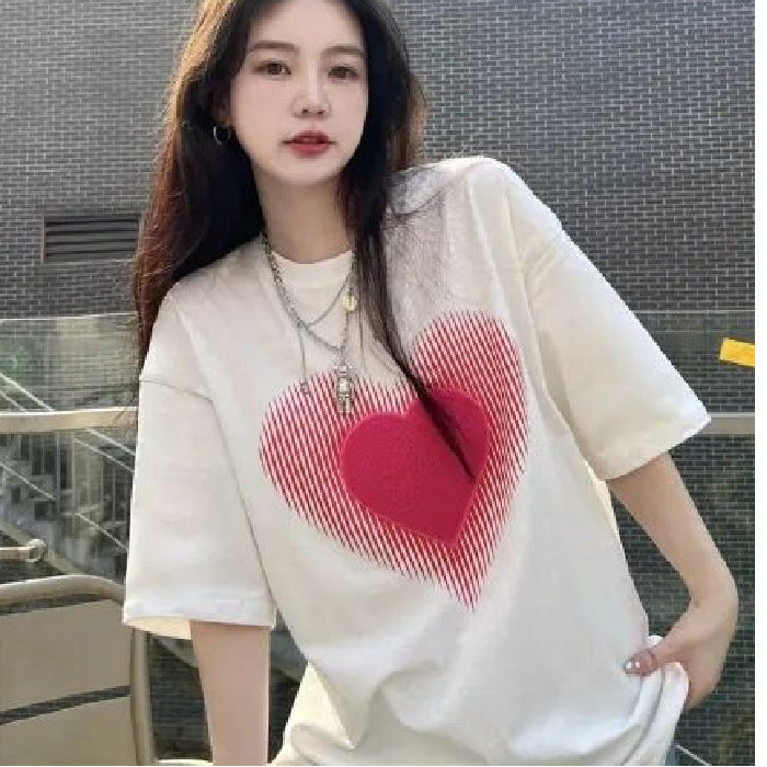 Womens Niche American-Style Heart-Print Short-Sleeve T-Shirt