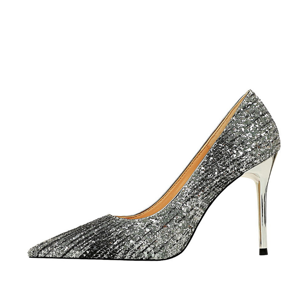 Shiny High Heels Women's Large Stiletto Heel 10cm Gradient Sequin Pointed Toe Shoes