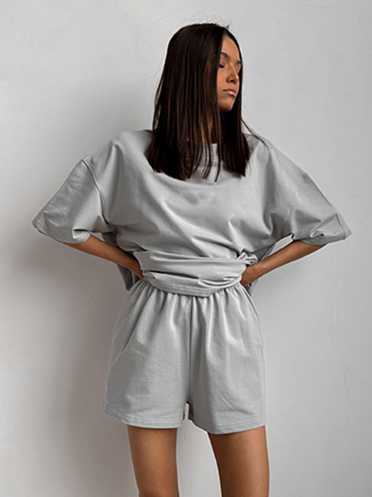 Casual Short-Sleeve Crew-Neck Top And Shorts Two-Piece Set