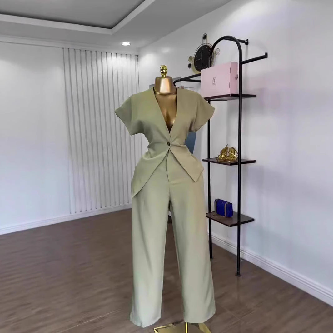 Short-Sleeve Single-Breasted Blazer With Straight-Leg Pants Set