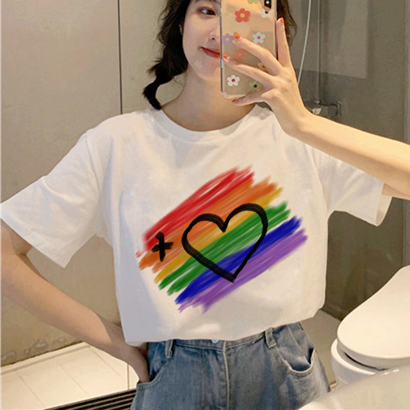 Personality Couple Wear Rainbow Letter Print Casual Short Sleeve T-Shirt