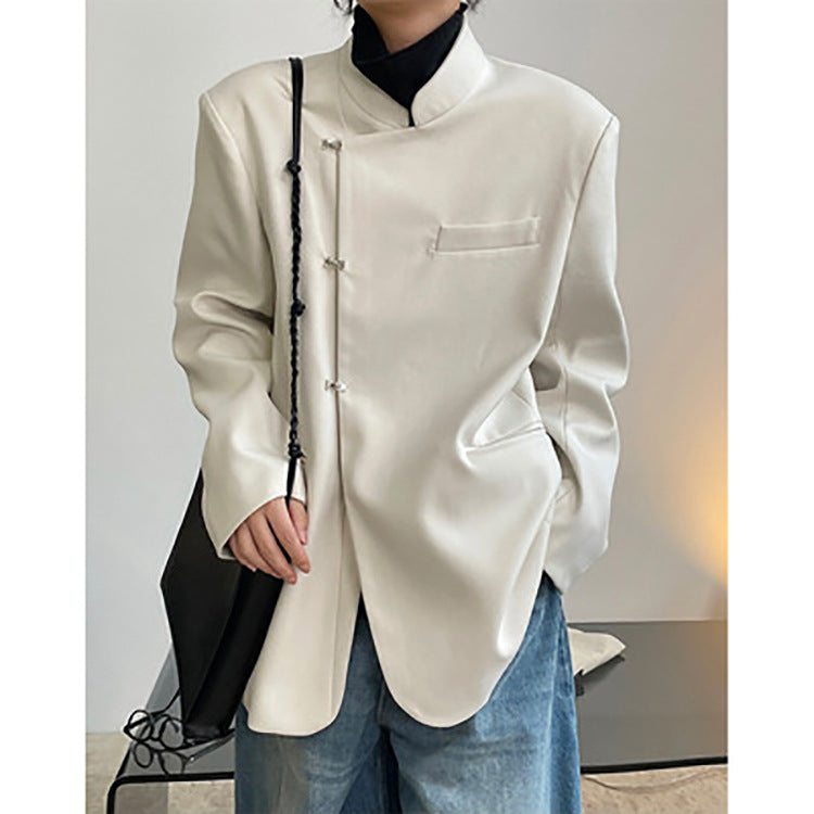 Retro Chinese Buckle Suit Oblique Placket Stand Collar Jacket