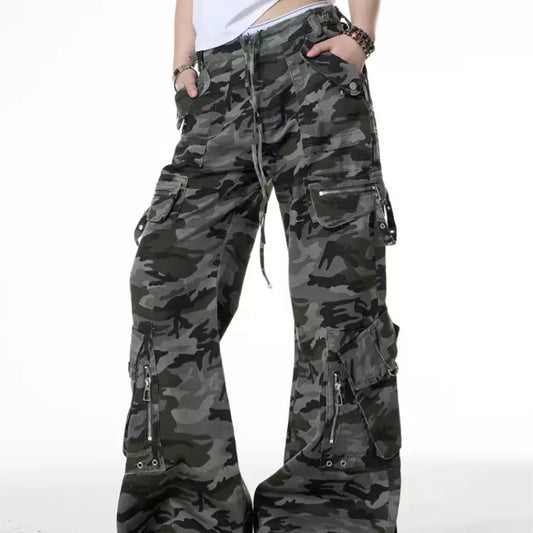 Retro Camouflage Cargo Pants Design Low Waist Loose