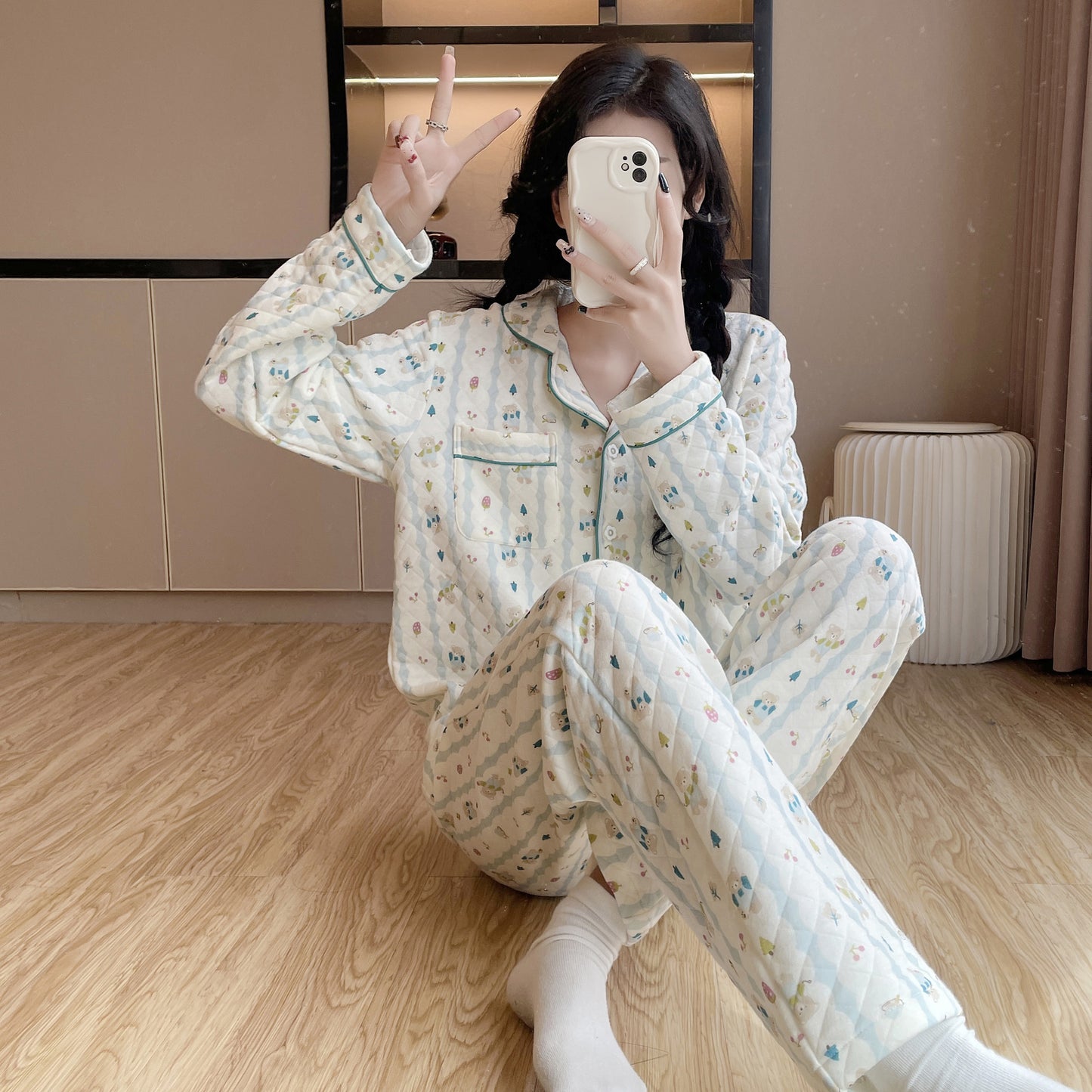 Womens Cotton Long-Sleeve All-Cotton Cozy Sweet Loungewear Set