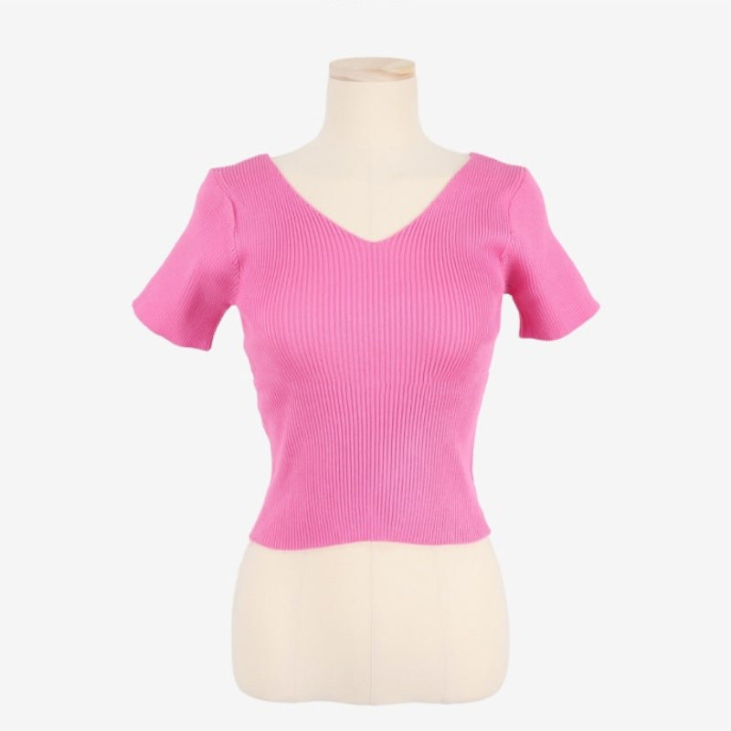 Women's Summer V-neck Bright Short Sweater Slim Fit Chest All-matching Short Sleeve T-shirt Top