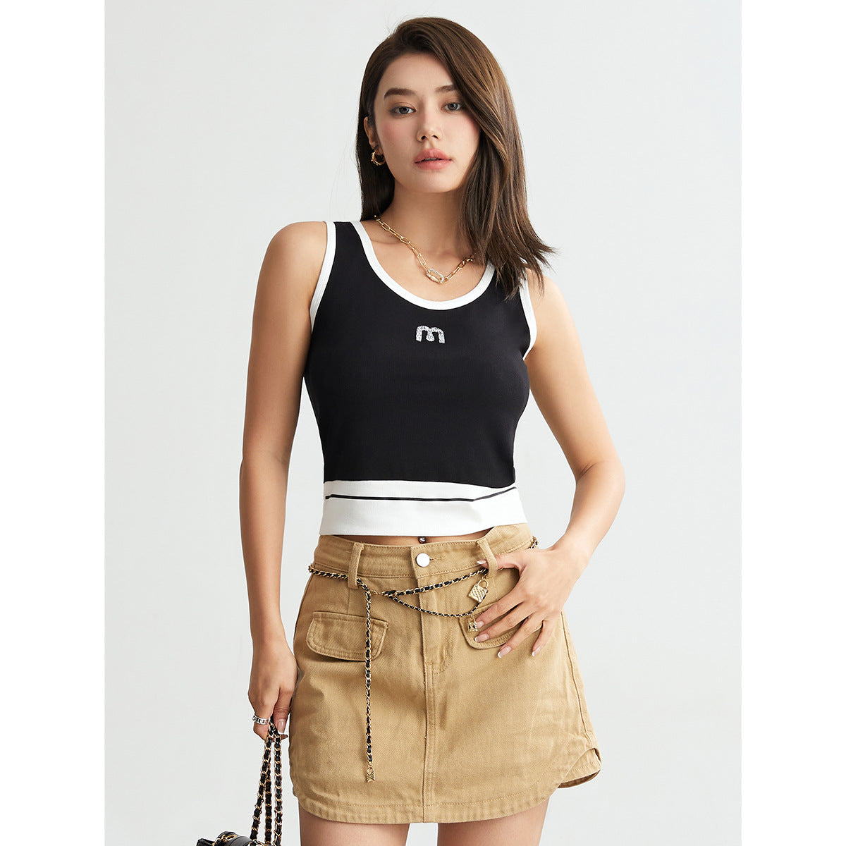 U-neck Camisole Contrast Color Slim Fit Bodybuilding All-match