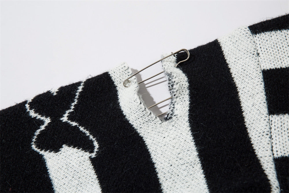 Stribet Kontrastfarvet Sommerfugl Rund Hals Sweater Efterår Og Vinter