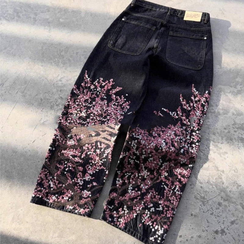 Digital-print Floral Faux Denim Straight-leg Floor-length Pants 3D