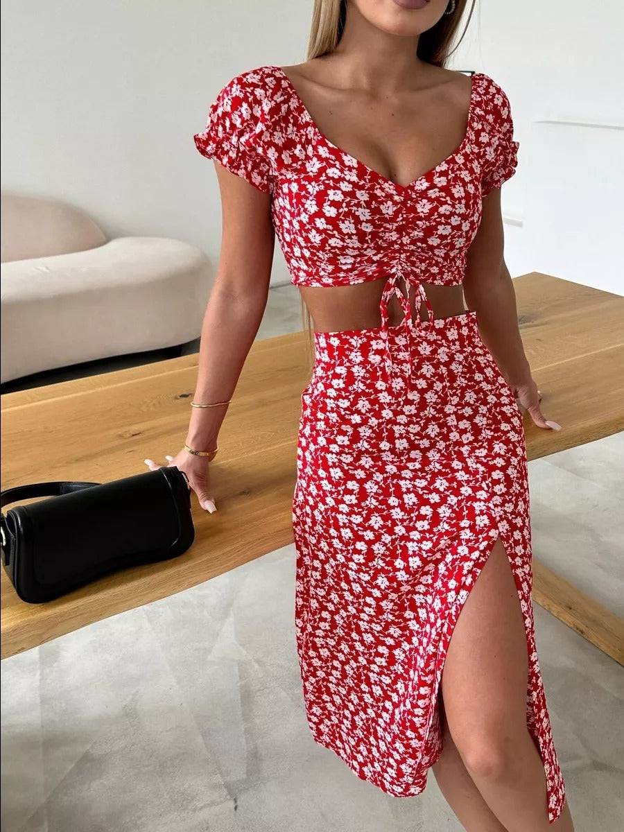 Womens Retro Lace-up Top And Skirt Set