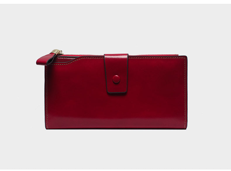 Long leather wallet multi-function large-capacity oil wax cowhide