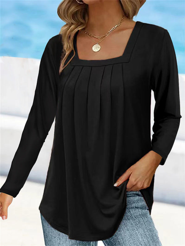 Women's Pleated Square Collar Long Sleeve Imitation Cotton Large Size T-shirt