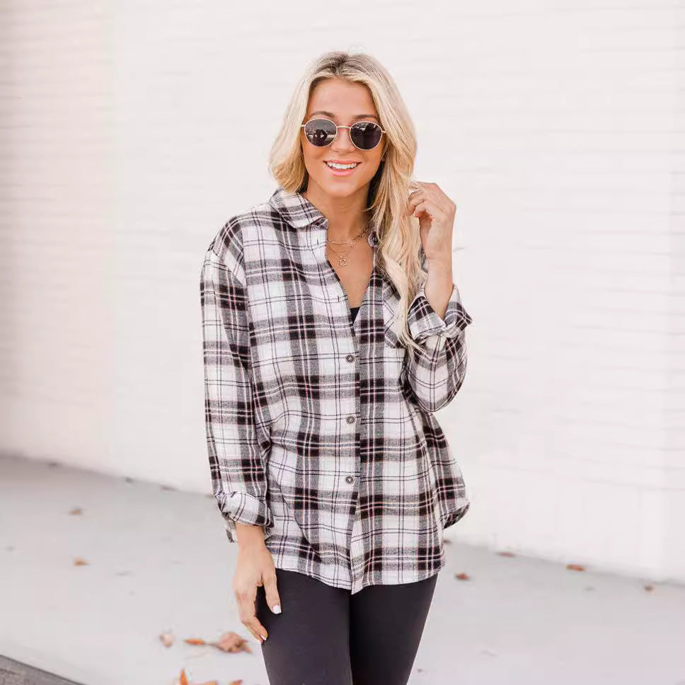 New Polo Collar Pocket Long Sleeve Plaid Shirt Thin Coat For Women