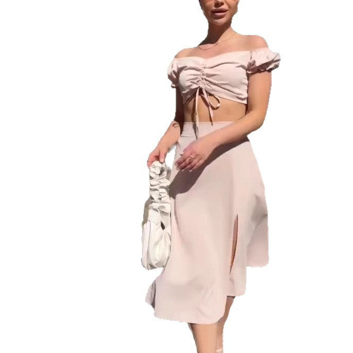 Womens Retro Lace-up Top And Skirt Set