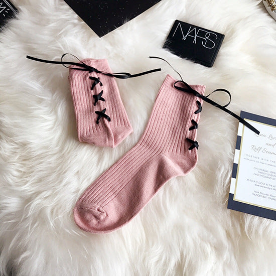 Ribbon Cross Strap Bow Vertical Pure Cotton Girl Student Lace-up Socks