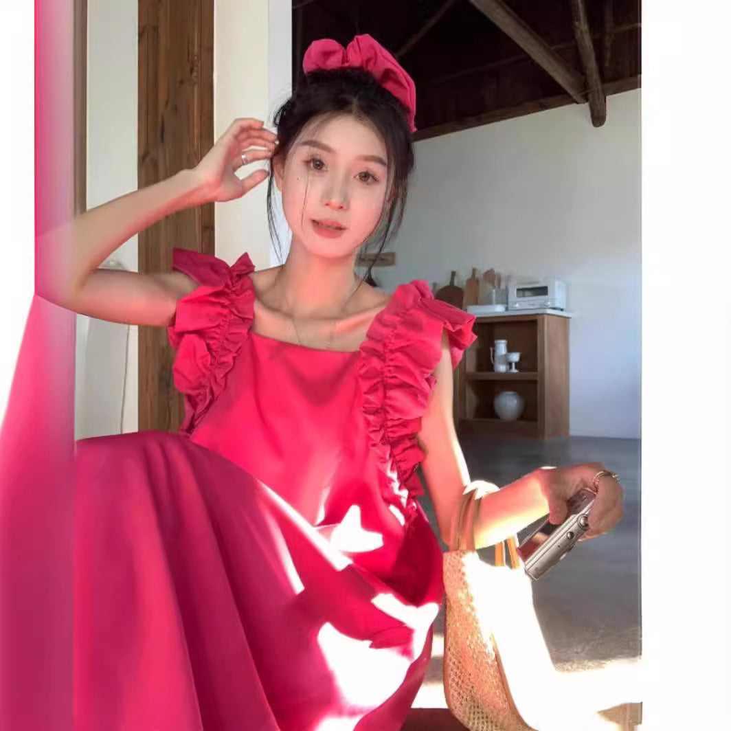 Womens Solid-Color Square-Neck Ruffle-Trim Cap-Sleeve Dress