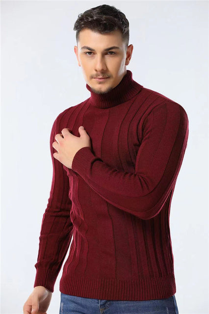 Men's Casual High-neck Solid Color Warm Striped Sweater