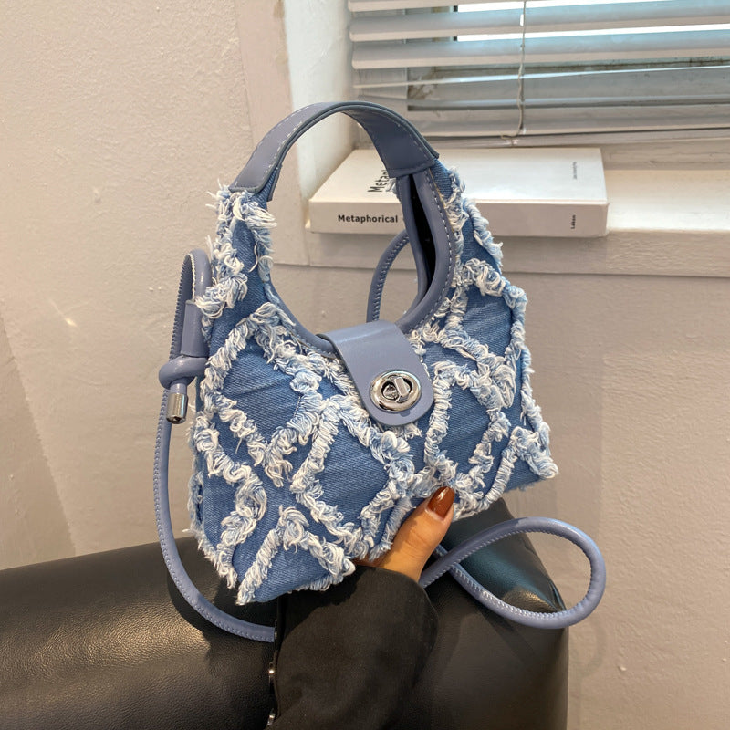 Women's Denim One Shoulder Cross Body Crescent Bag New Trend Tassel
