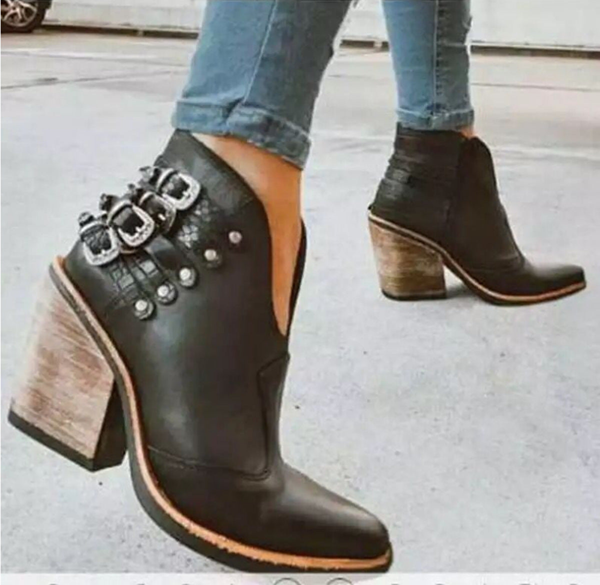 Independent Stand Large Size Pointed Toe Thick Heel Short Tube Side Zipper Wooden
