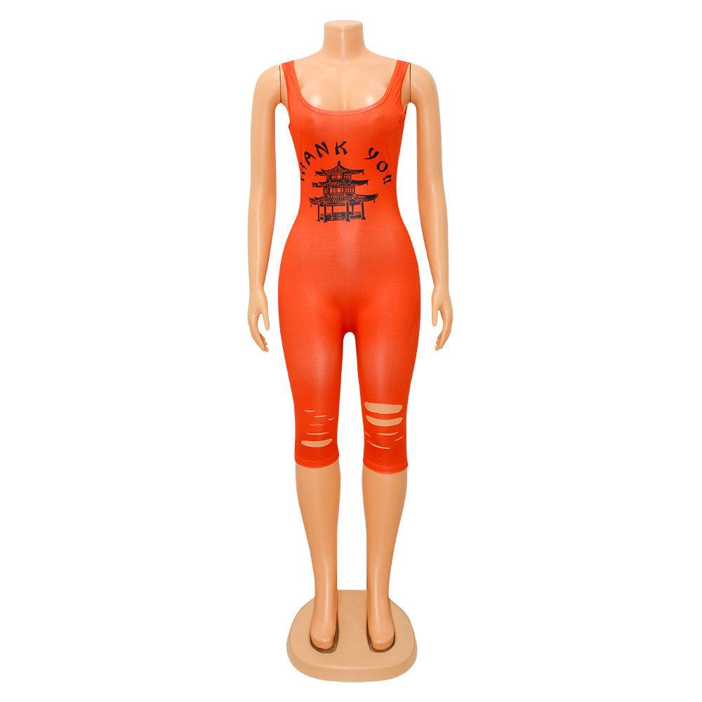 Women's Printed Hollow-out Ripped Jumpsuit