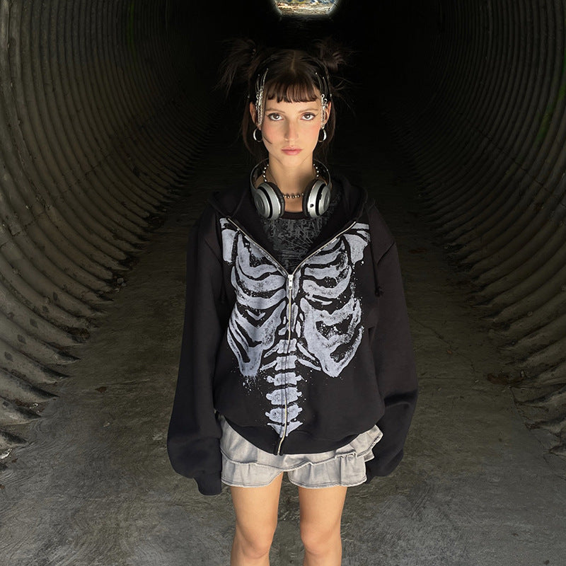 Skeleton Long Sleeve Round Neck Cardigan Printed Loose Sweatshirt