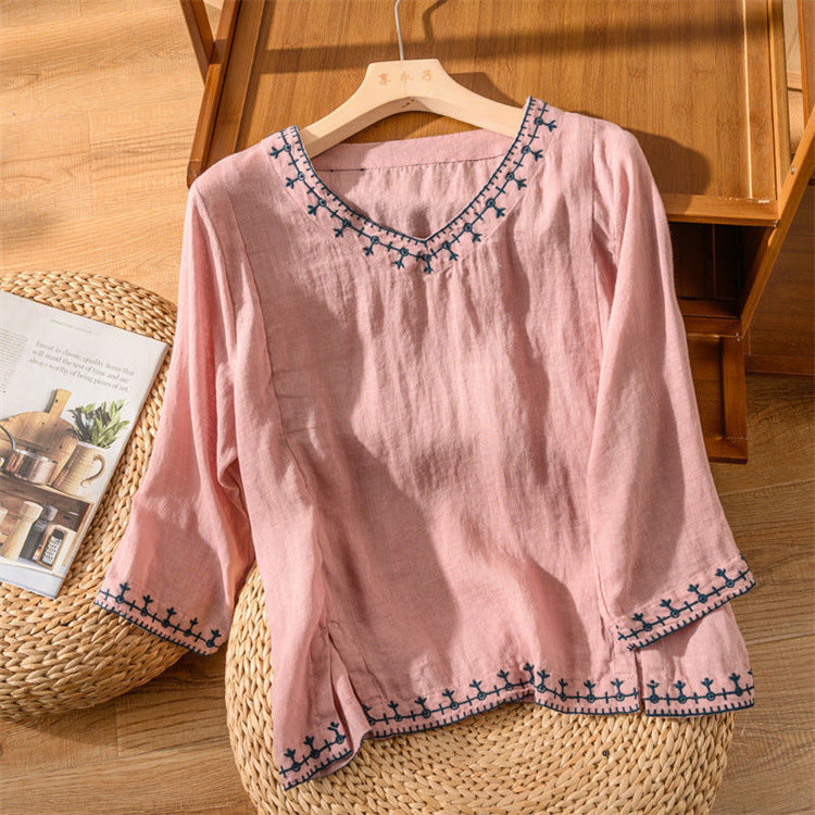 Seven-part Sleeve Embroidered Cotton Linen Top