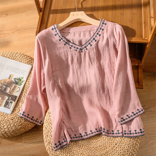 Seven-part Sleeve Embroidered Cotton Linen Top