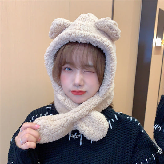 Women's Fashionable And Warm Solid Colour Bear Ears Hat Scarf