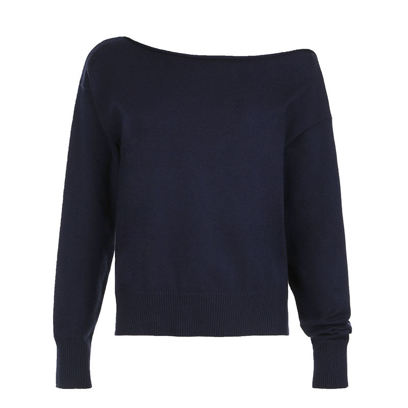 Simple European And American Style Solid Color Diagonal Shoulder Sweater