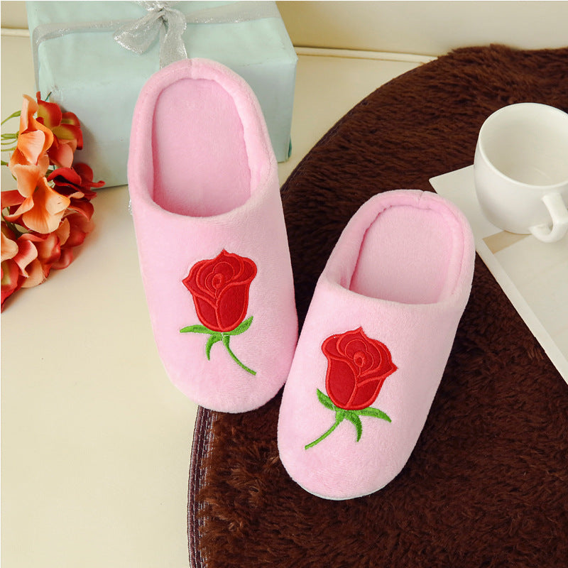 Rose Embroidered Soft Bottom Home Indoor Non Slip Cotton Slippers
