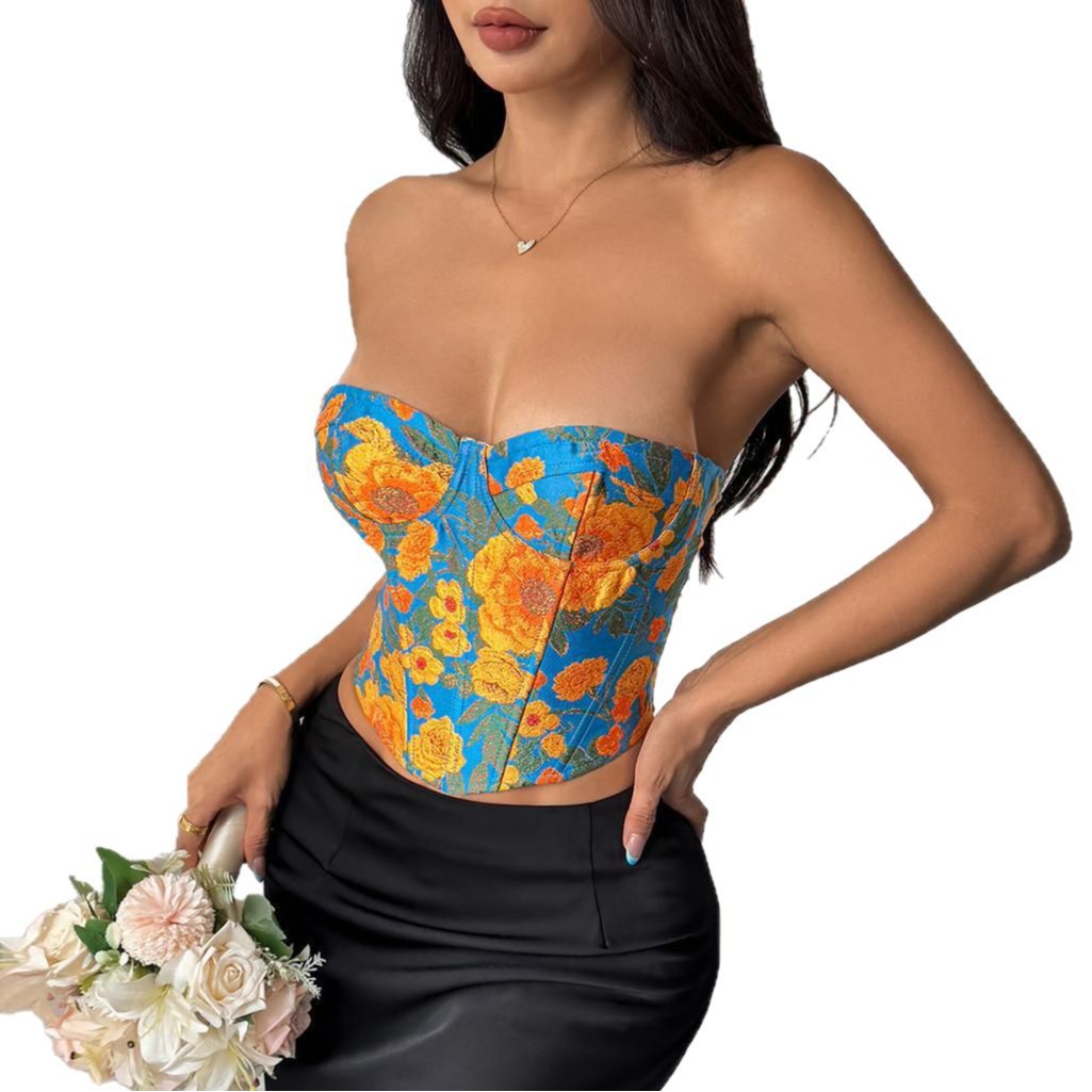 Retro Jacquard Oil Painting Colorful Fishbone Vest Lace-up Bustier