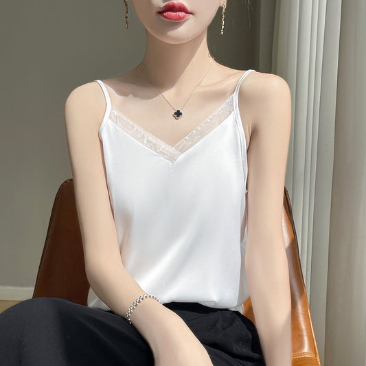 V-neck Mesh-panelled Sleeveless Chic Slip-style Camisole