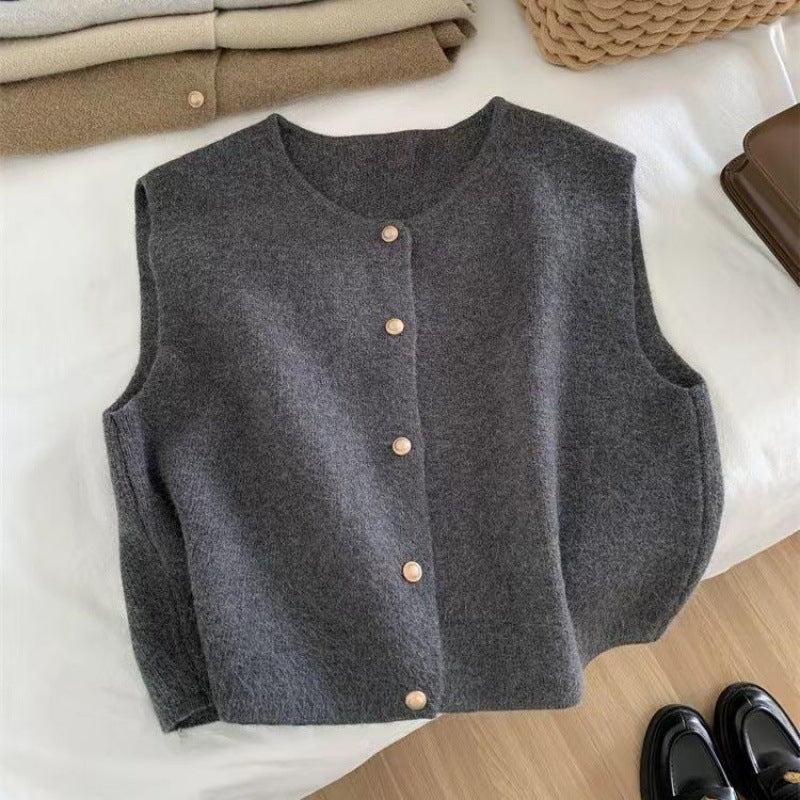 Womens Knitted V Neck Vest With Small Gold Buttons Single Breasted Cardigan Top
