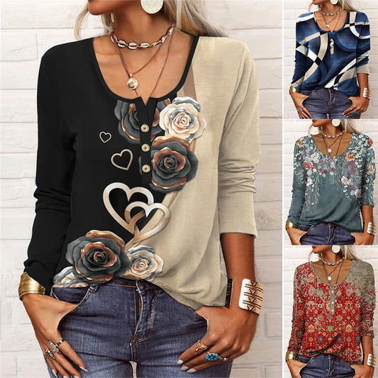 Women's Long-Sleeve Printed V-Neck Loose T-Shirt