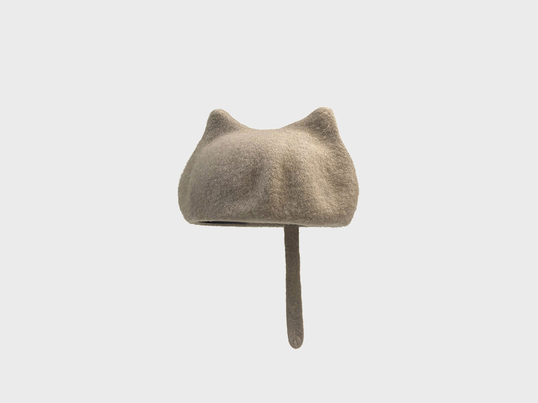 Cute Little Tail Cat Ears Wool Beret Fashion Octagonal Cap