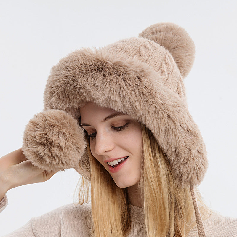 Three Fur Balls Outdoor Thickening And Fleece Cold Proof Warm Solid Color Knitted Hat