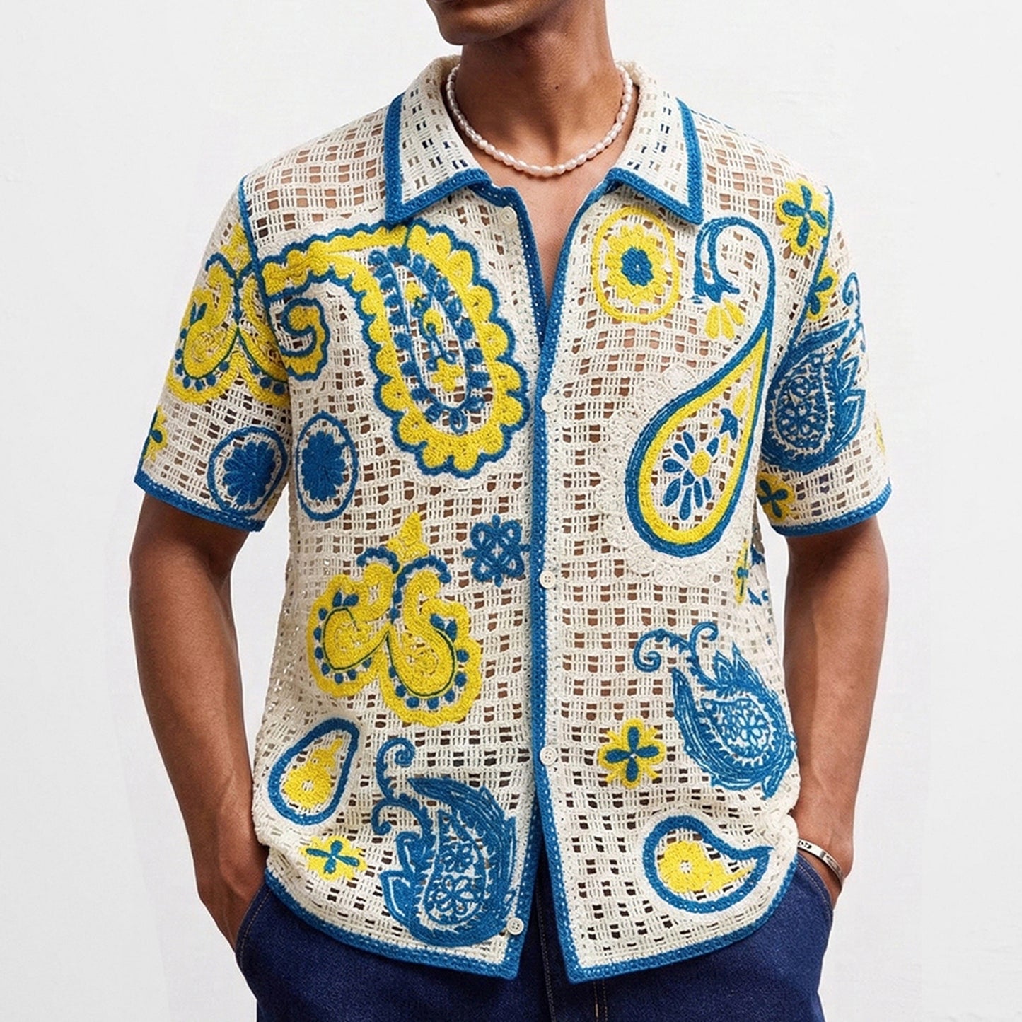Retro Etnisk-Stil Hæklet Hulstrikket Cardigan Polo til Mænd