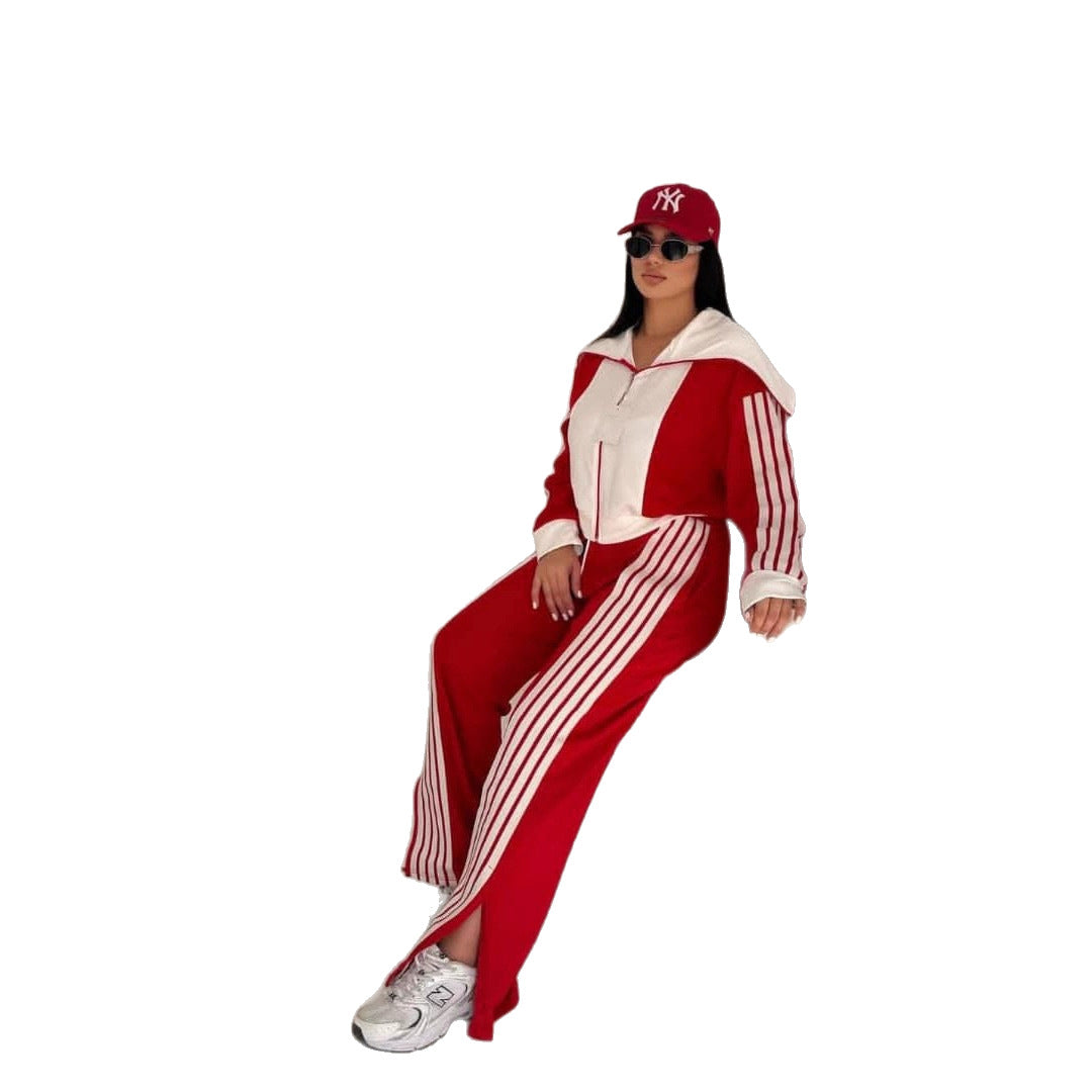 Womens Striped Coral-Fleece Patchwork Long-Sleeve Zip-Up Pants Set