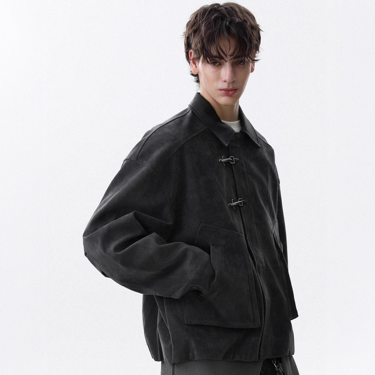Maillard Brown Leather Collar Airplane Button Jacket Men's Simple Casual Coat