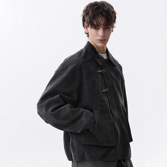 Maillard Brown Leather Collar Airplane Button Jacket Men's Simple Casual Coat