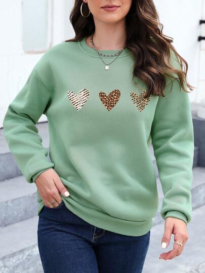 Essnce Leopard Heart Print Drop Shoulder Sweatshirt