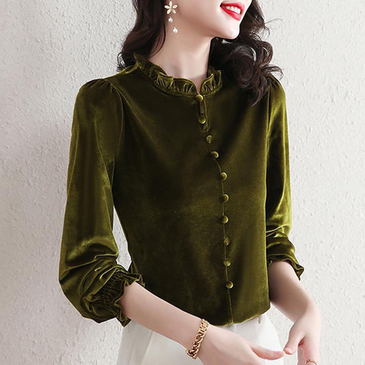 Gulvfløjl Midaldrende Mor Top Vestlig Stil Slankende Dame Basis Trøje